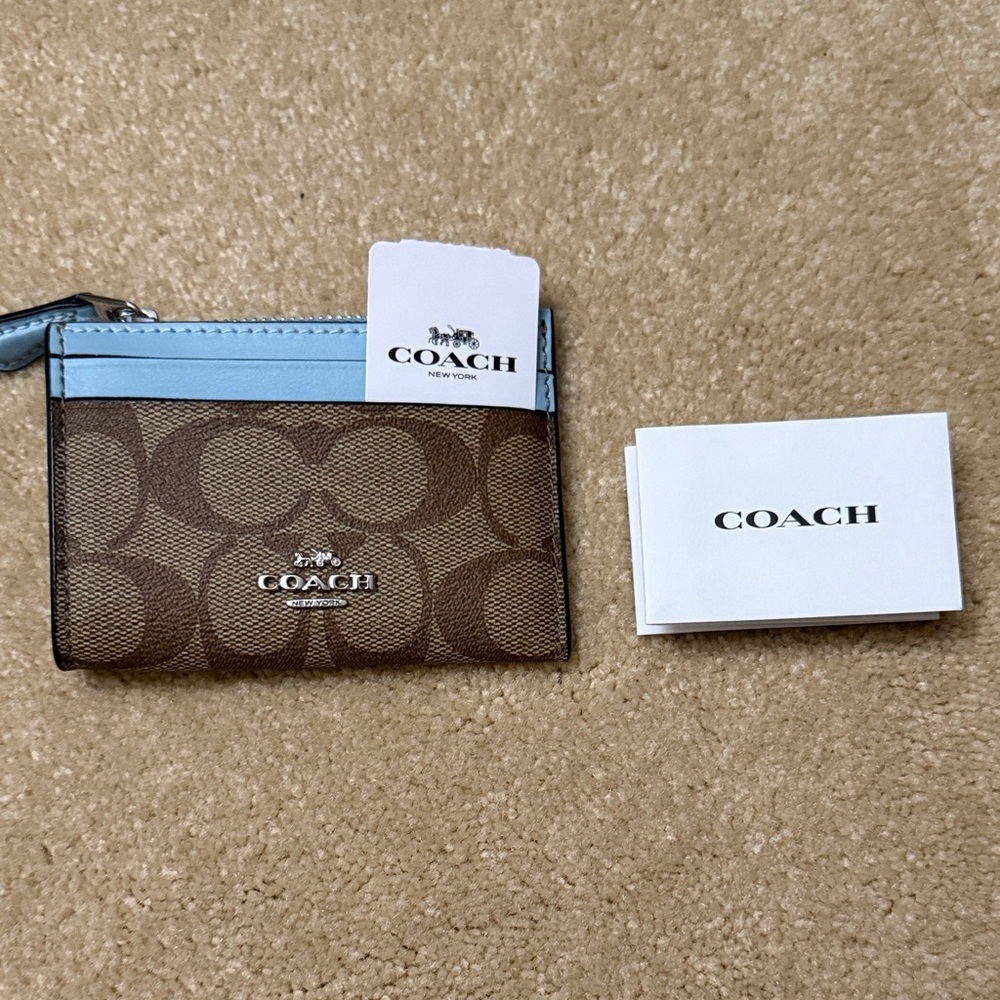 Coach Signature Brown and Light Blue Card Case